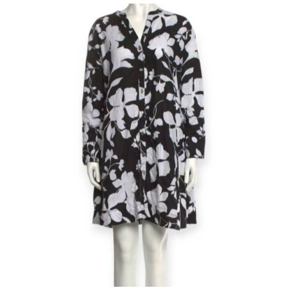 CYNTHIA ROWLEY BLACK & WHITE FLORAL LINEN TENT DRESS W/POCKETS SZ.L EUC.